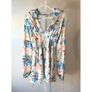 Rose velvet Abstract Floral Print Mini Dress Long Sleeve V Neck Size Small